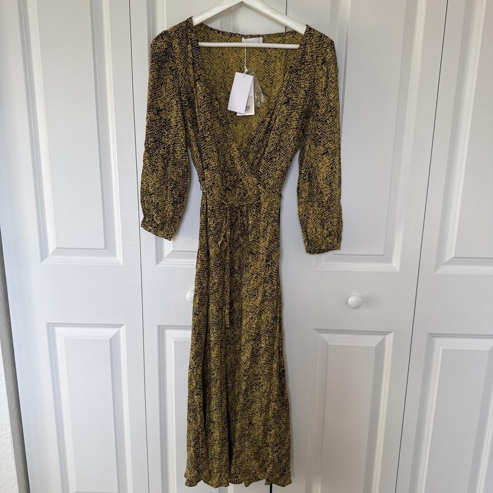 NWT Kookai Viper Dress Size 36 Black/Yellow Snake Skin Print Flowy Midi/Long
